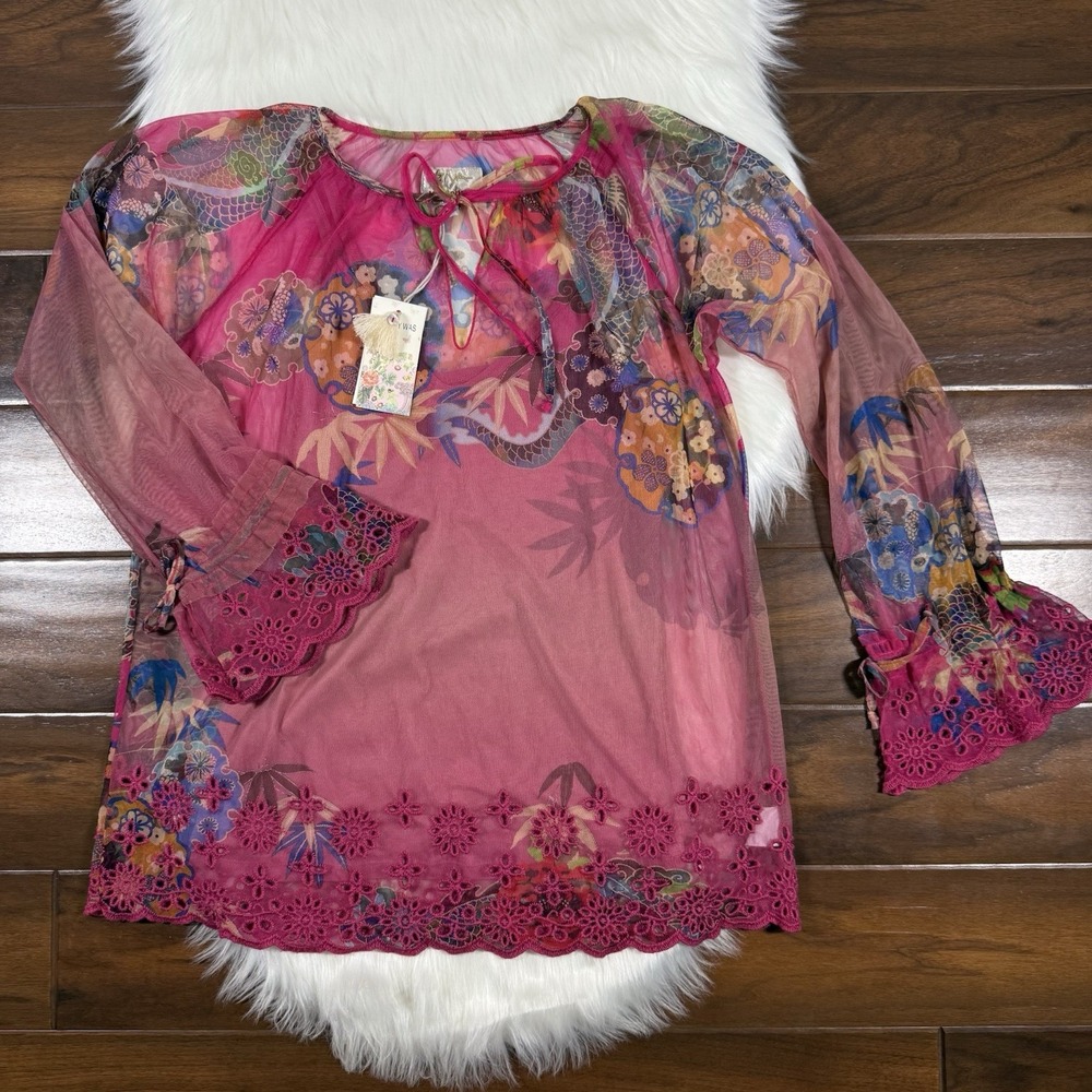Johnny Was‎ Women's Size XS Mazzy Embroidered Mesh Long Sleeve Peasant Blouse